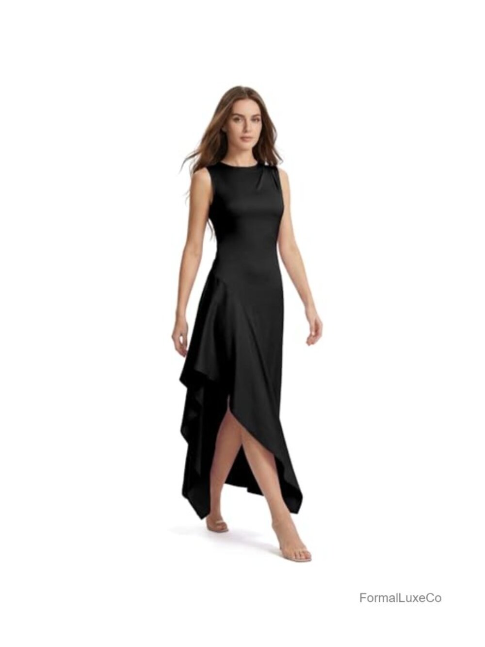 Satin Maxi Dress Sleeveless Ruffle High Split A-Line Formal Wedding Guest